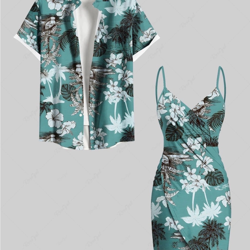 Tropical Print Shirt and Wrap Dress Set Mens XL Womens Med